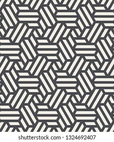 Pattern with intersecting straight stripes, polygons and stars. Abstract seamless vector background. Modern monochrome texture. Stylish lattice design.