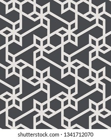Pattern with intersecting straight stripes, polygons and stars. Abstract seamless vector background. Modern monochrome texture. Stylish lattice design.