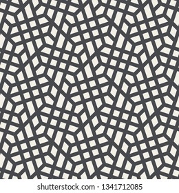 Pattern with intersecting straight stripes, polygons and stars. Abstract seamless vector background. Modern monochrome texture. Stylish lattice design.