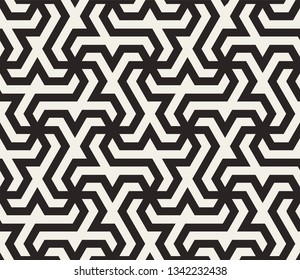 Pattern with intersecting straight stripes, polygons and stars. Abstract seamless vector background. Modern monochrome texture. Stylish lattice design.