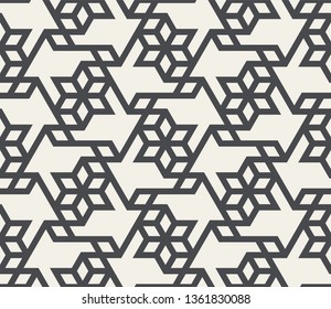 Pattern with intersecting straight stripes, polygons and stars. Abstract seamless vector background. Modern monochrome texture. Stylish lattice design.
