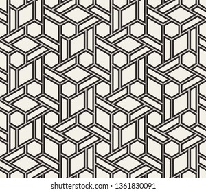 Pattern with intersecting straight stripes, polygons and stars. Abstract seamless vector background. Modern monochrome texture. Stylish lattice design.