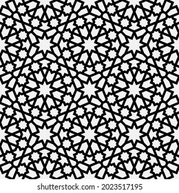 Pattern with intersecting stripes, poly lines, polygons and stars. Seamless Abstract ornament in Arabic style. Monochrome design for fabric, textile and wrapping. Geometric trendy decorative lattice.
