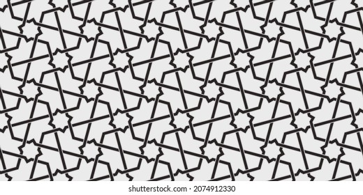 Pattern with intersecting stripes, poly lines, polygons and stars. Seamless vector ornament in Arabic style. Monochrome design for fabric, textile and wallpaper. Geometric abstract decorative lattice.