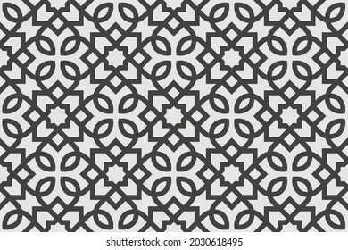 Pattern with intersecting stripes, stars, lines and polygons in Arabic style. Seamless geometric vector ornament. Arabesque background. Fashion monochrome wallpaper.