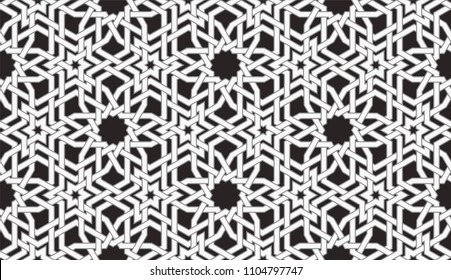 Pattern with intersecting stripes, stars and polygons. Seamless ornament in Arabic style. Arabesque.