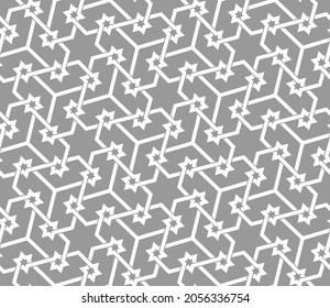 Pattern with intersecting white stripes, stars, stylized leaves on grey background. Abstract seamless vector design for textile, fabric and wallpaper. Stylish monochrome lattice design.