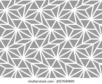 Pattern with intersecting white stripes, stars, stylized leaves on grey background. Abstract seamless vector design for textile, fabric and wallpaper. Stylish monochrome lattice design.
