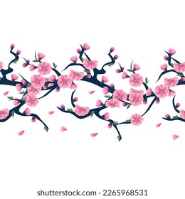 pattern of intertwining sakura branches with blooming sakura buds. floral style, frame, template, social media, decoration. vector illustration.