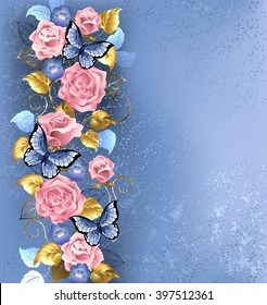 Pattern of interwoven pink roses and blue violets, blue butterflies decorated in  fashion textural background.
