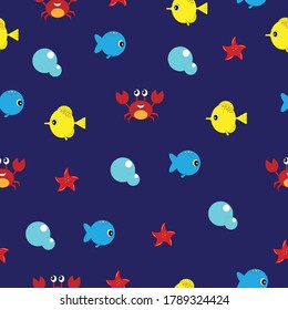 The pattern is the Ioran people (fish, crab, bubble, stallion, starfish) on a dark blue background. For textiles, gift paper.