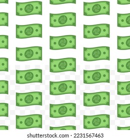Pattern of IOTA banknotes on transparent background with mini doodle (icon) and green color. Vector Illustration