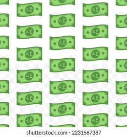 Pattern of Iraqi Dinar banknotes on transparent background with mini doodle (icon) and green color. Vector Illustration