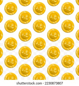 Patrón de monedas dinares iraquíes sobre fondo transparente con mini doodle (iconos) y color oro. Ilustración vectorial