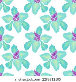 Pattern Iris blue and yellow flowers, white background. Vector illustration