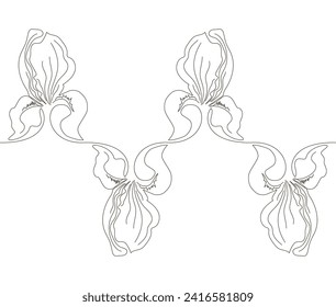 Pattern of iris flowers in a single continuous line style. Irises. Stock vector illustration isolated on white background