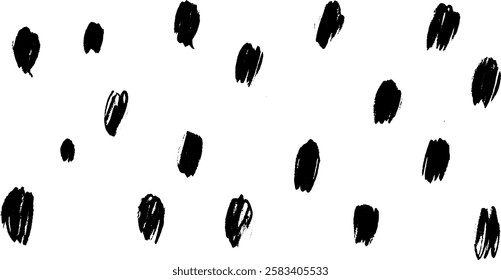 A pattern of irregular black brush strokes on a white background, creating a playful and artistic polka dot effect.