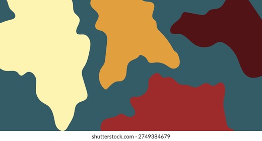A pattern of irregular, organic shapes in shades of cream, ochre, rust, and deep red against a teal background.