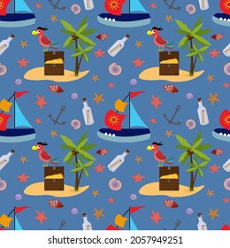 Pattern with an island and a palm tree. treasure chest and pirate parrot. Drawing with pirate items. Vector illustration. For use in postcards, invitations, prints, baby products.