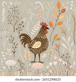Pattern with isolated cartoon chicken and colorful abstract herbs on beige background