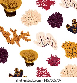 Pattern of isolated colorful corals on a white background. Vector underwater flora and fauna.