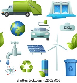 Pattern with isolated ecology decorative icons with recycling charging pollution signs power plants and green leaf vector illustration