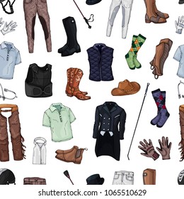 Pattern of isolated objects on the rider equipment theme. Vector colorful images of sports outfits and clothes for the horse rider.