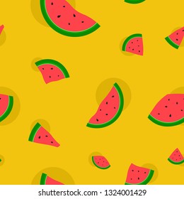 Pattern isolated on hand drawn brush background. Cute red watermelon slice design, seamless wallpaper, background, Color backdrop.