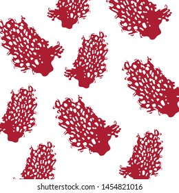 Pattern of isolated red corals on a white background. Vector underwater flora and fauna.