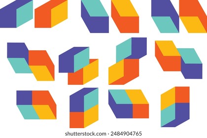 patrón de Formas isométricas, creando un diseño geométrico visualmente atractivo. Las Formas son bloques tridimensionales compuestos de cuatro colores distintos: púrpura, verde azulado, amarillo y naranja.