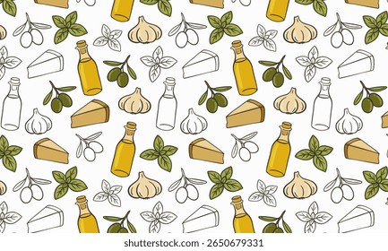 Pattern Italian cooking ingredients set including garlic, basil leaves, olives, a piece of cheese, and a bottle of olive oil. Hand-drawn outline.