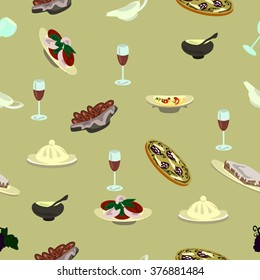 Pattern Italian cuisine, pizza, caprese, sauce, pasta, biscotti, tiramisu in gentle tones.