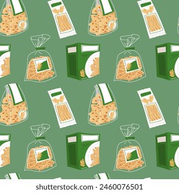 A pattern of Italian pasta packages. The paper box, plastic bags are transparent and white. Flat vector illustration for packaging. Culinary topics and food marketing. Seamless texture on green