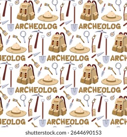Motif d'objets pour un archéologue avec une inscription. Objets archéologiques. Brosses, carte, pelle, boussole, chapeau, sac à dos dans une texture harmonieuse. pour les affiches scientifiques, les livres, les articles, les