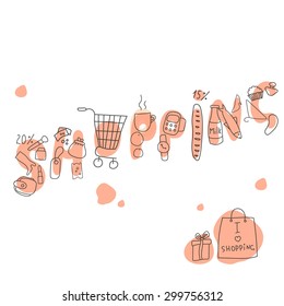 Pattern of the items from the shopping, designed in the form of the word "shopping". Can be used in web design
