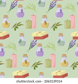 Pattern with items for the spa salon - oil bottles, candles, lavender and olive, bamboo. Vector illustration. For packaging, prints, brochures and covers, spas and beauty shops.