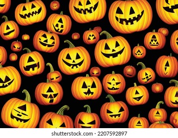 A pattern of Jack O Lantern, carved pumpkins with funny grins, for Halloween. Perfect for cards, invitations. 