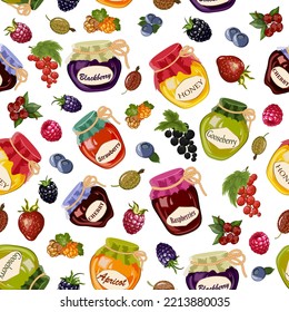 Pattern with jam and berries.Vector pattern with jam in jars and bright ripe berries on a transparent background.