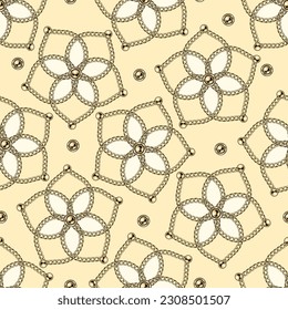 Patrón con flores de estilo japonés. Formas geométricas en forma de flores con cadenas de oro realistas, cuentas. Ilustración vectorial en estilo vintage