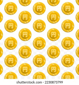 Patrón de las monedas japonesas Yen sobre fondo transparente con mini doodle (iconos) y color oro. Ilustración vectorial