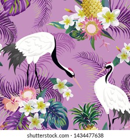  Pattern with Japanese Cranes and Tropical Flowers, Retro Floral Background, Fashion Print, Birthday Japanese Decoration Set. Vector Illustration