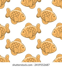 Pattern of Japanese dessert Taiyaki. Food dessert filled with sweet azuki bean paste. Cartoon vector illustration. Isolated on white background.