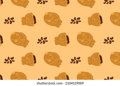 Pattern of Japanese dessert Taiyaki with red beans on light brown background. Japanese street food dessert filled with sweet Azuki beans paste. Flat vector illustration. Food cartoon.