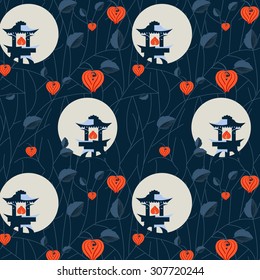 Pattern with Japanese stone garden lanterns and stylized flowers Physalis on dark blue background. It can be used for fabric, wallpaper.