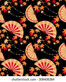 The pattern in the Japanese style with light fans and autumn leaves on a dark background.