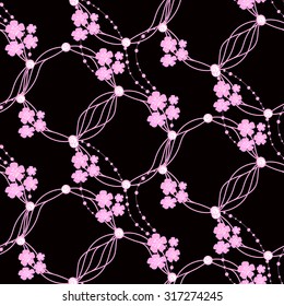 The pattern in the Japanese style with pink sakura flowers and beads on black background.