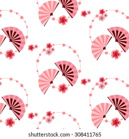 The pattern in the Japanese style with sakura flowers and pink fans. Ornament in the form of a circle of beads.