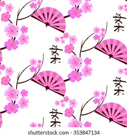 The pattern in the Japanese style with spring sakura flowers and hieroglyphs. Hieroglyphs are translated as "cherry tree".