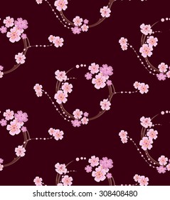 The pattern in the Japanese style with stylized cherry branches. The branches form a circle. Sakura flowers have different shades of pink.