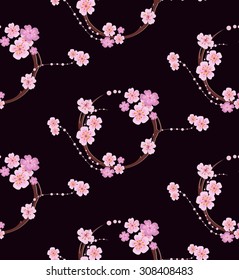The pattern in the Japanese style with stylized cherry branches on a black background. Branch with flowers in a circle.